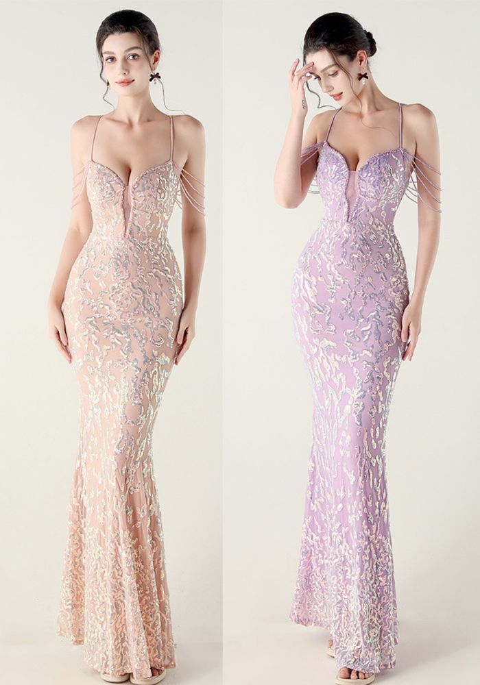 Robe de soirée formelle en broderie de sequins en cristal pour femmes
