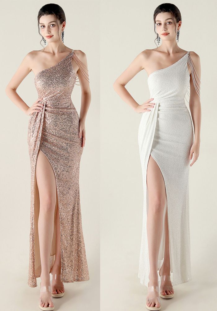 Robe de soirée formelle à une épaule avec sequins et chaîne en perles pour femmes
