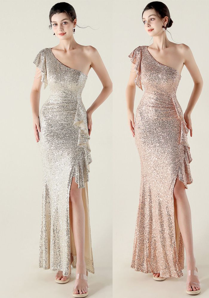 Robe de soirée formelle à une épaule avec volants et chaînes à perles pour femmes