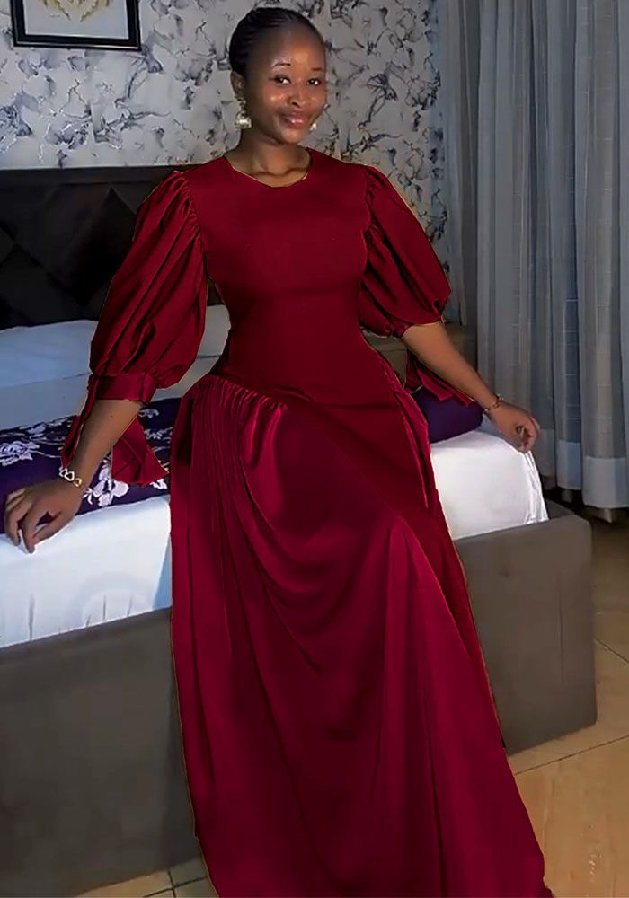 Robe de Soirée Élégante à Col Rond Patchwork Mode à Manches Bouffantes