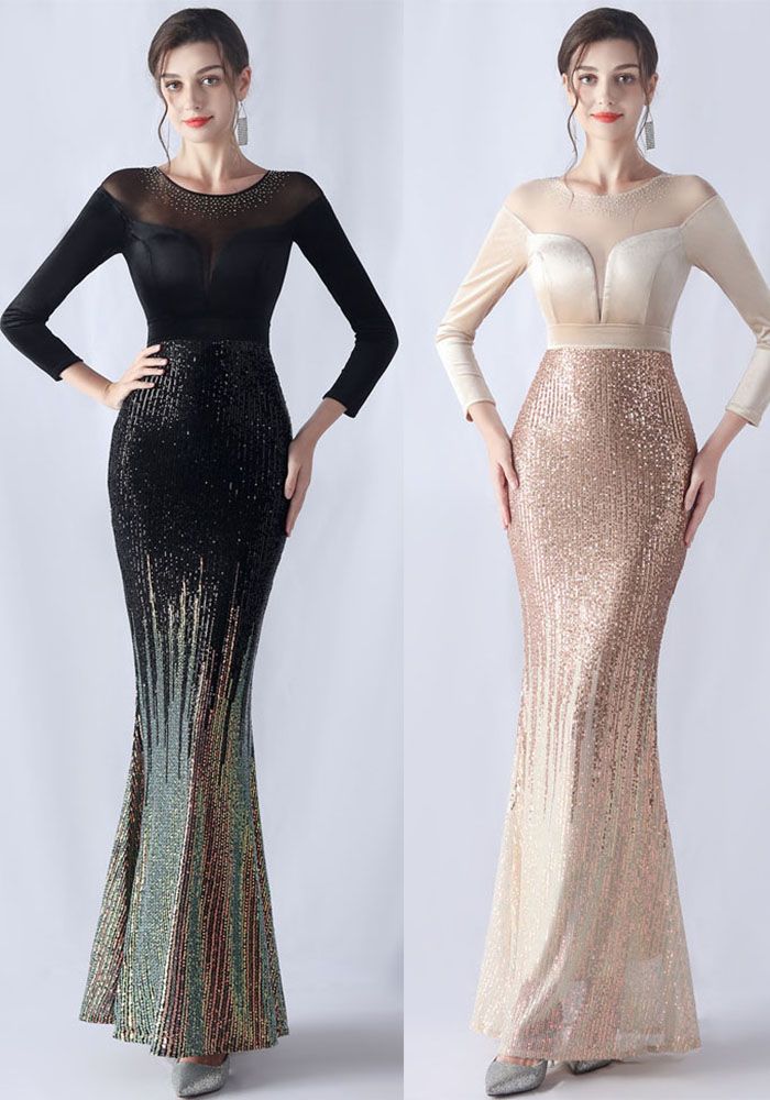 Robe de Soirée Sirène à Manches Longues en Paillettes