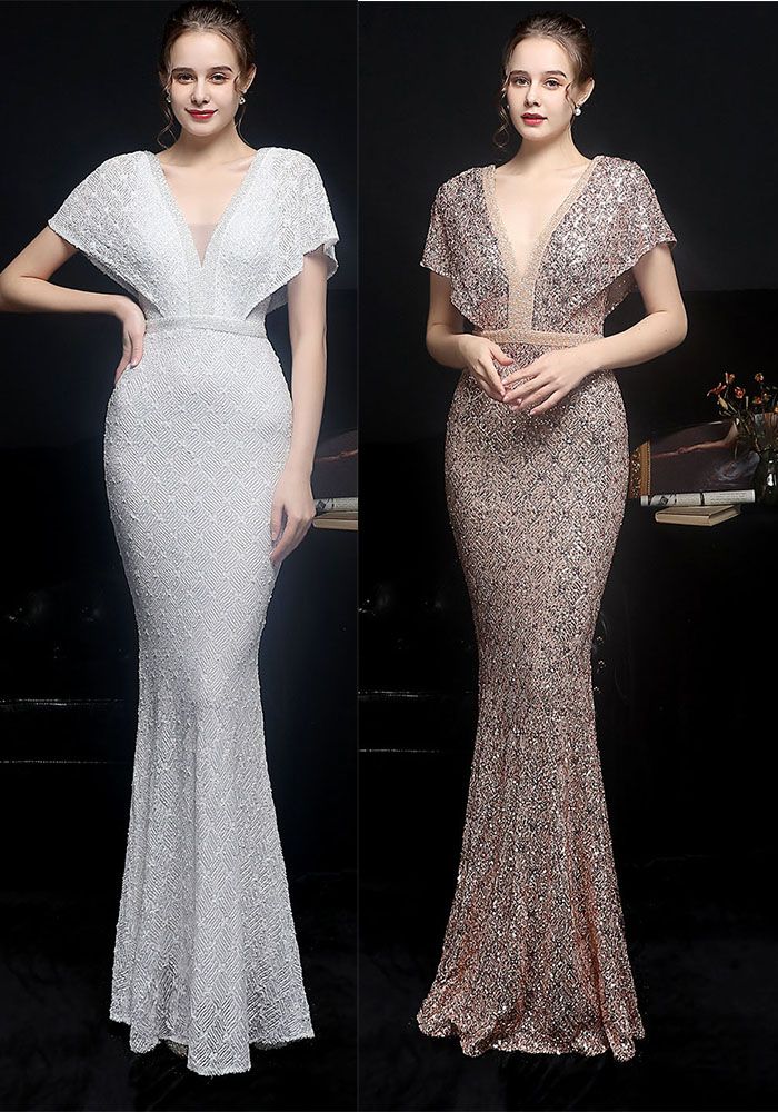 Robe de soirée longue en mermaid à sequins V-Neck d'été