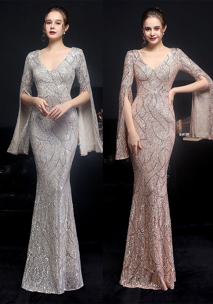 Robe de soirée en mermaid à sequins transparents et décolleté en V pour l'automne