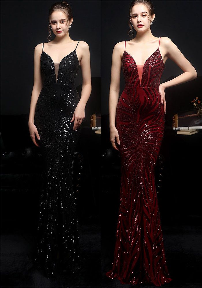 Robe de Soirée Longue Sirène à Bretelles en Sequins d'Été