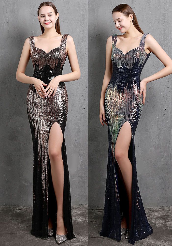 Robe de Soirée Sirène Sans Manches à Paillettes avec Fente
