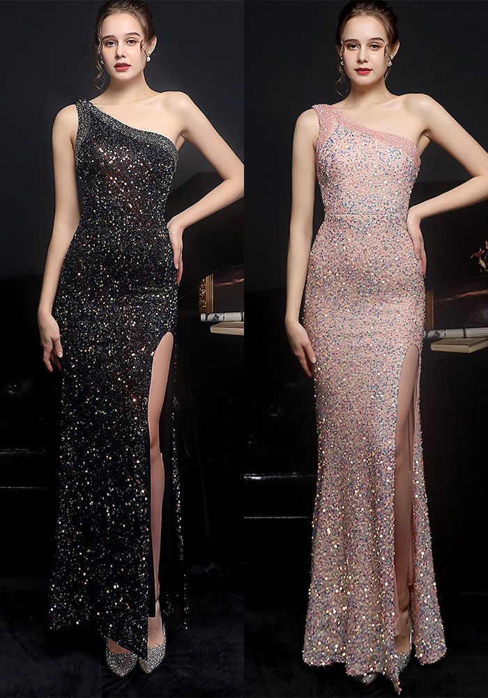 Robe de Soirée à Une Épaule avec Fente Latérale d'Été en Sequins