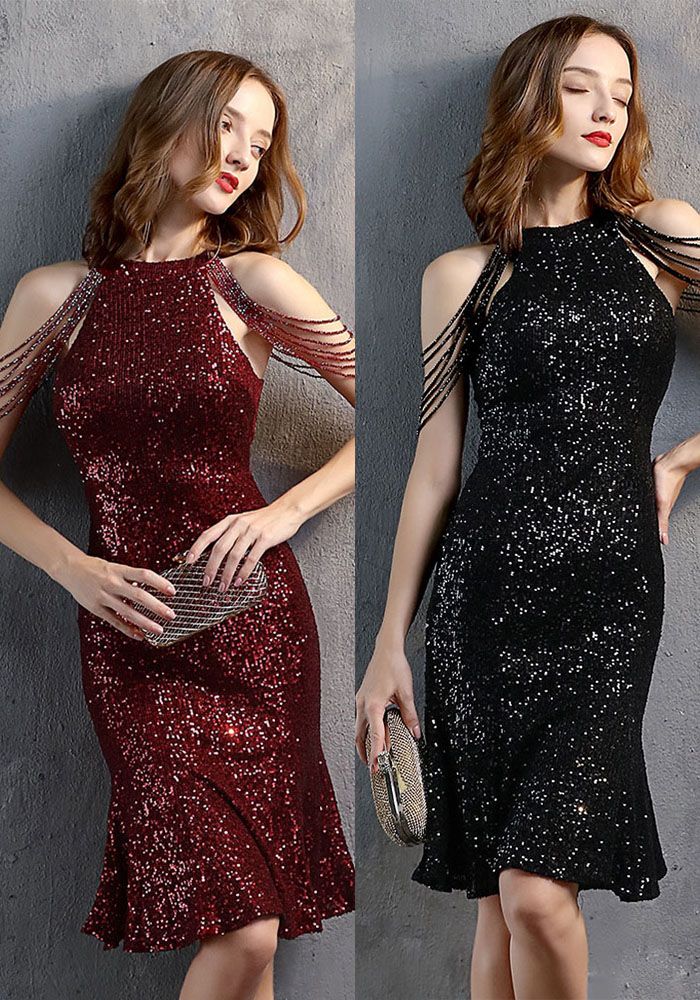 Robe de soirée sirène à col scoop en sequins