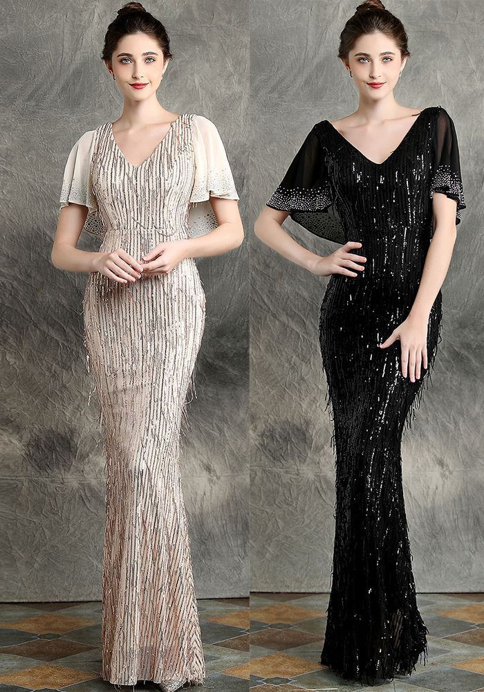 Robe de Soirée Élégante Chic à Franges et Paillettes en Queue de Poisson pour Fêtes Formelles