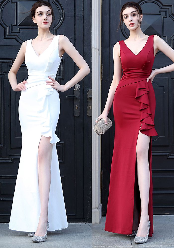 Robe de soirée sans manches en couleur unie avec traîne
