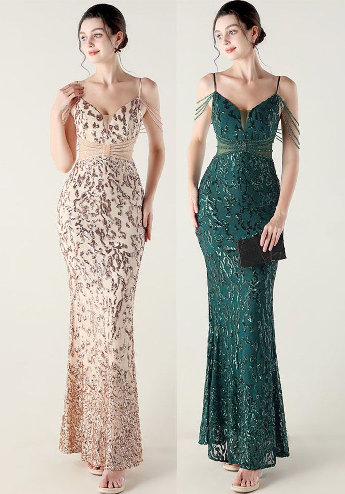 Robe de Soirée Fishtail à Paillettes et Perles pour Mariage et Fête Formelle