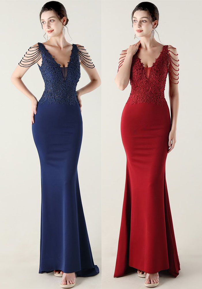 Robe de Soirée en Dentelle Perlée à Queue de Poisson pour Mariage et Fête Formelle