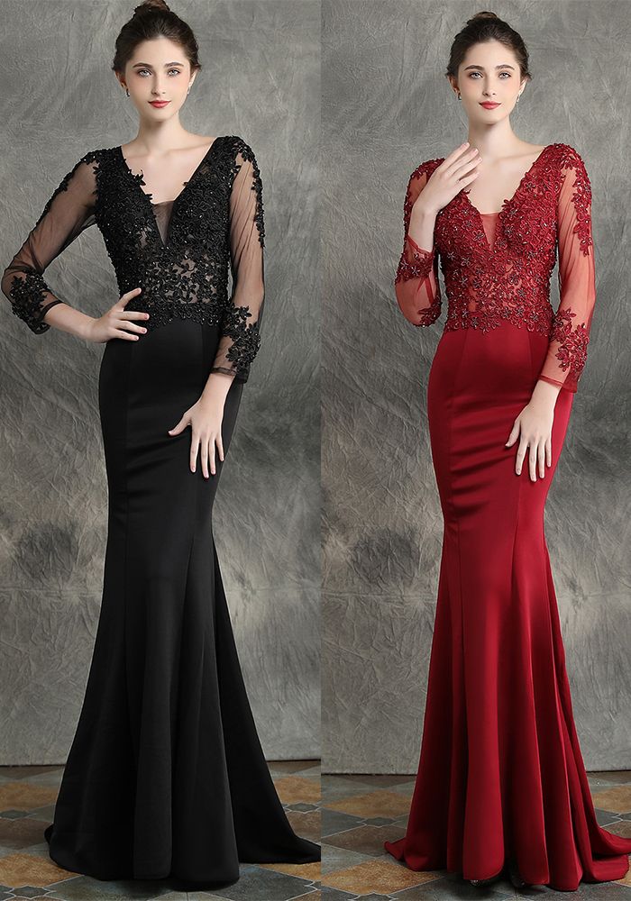 Robe de Soirée à Manches Longues en Perles pour Femmes