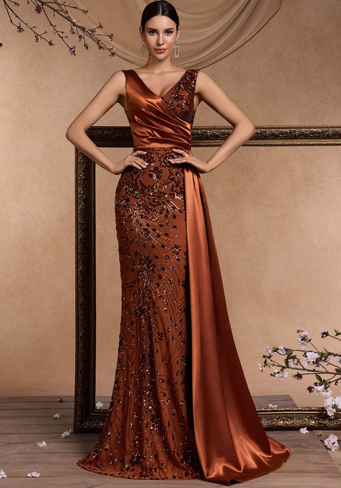 Robe de Soirée Formelle Sans Manches en V avec Paillettes Chic Élégante pour Femme
