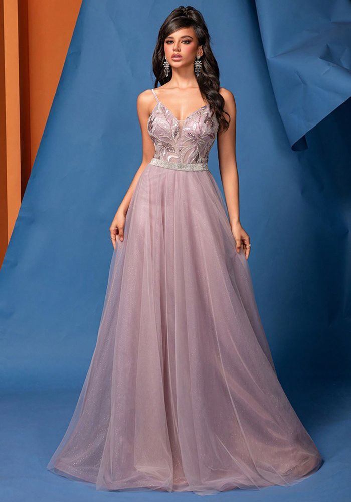 Robe de demoiselle d'honneur formelle en soirée à dos bas en A-line avec perles et sequins roses