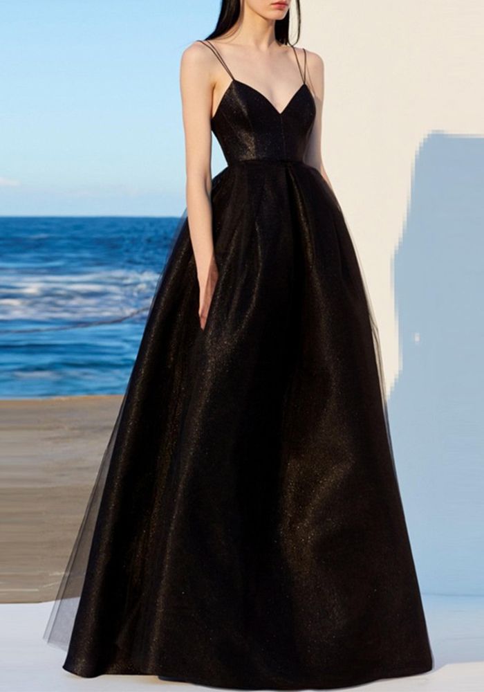 Robe de soirée formelle noire à bretelles pour femmes (Le temps de traitement nécessite 3-6 jours)