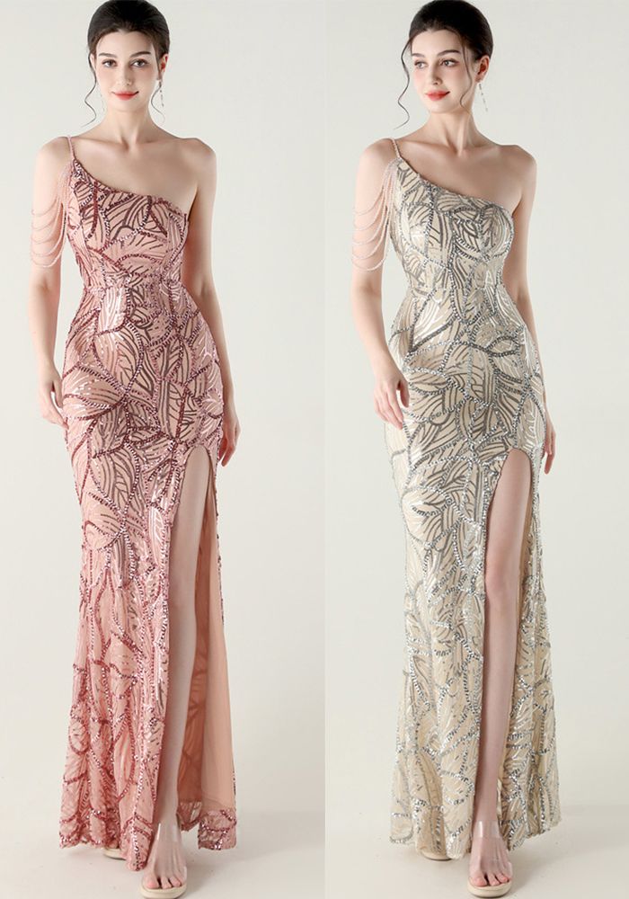 Robe de Soirée Formelle à Épaule Unique pour Femmes avec Perles et Sequins