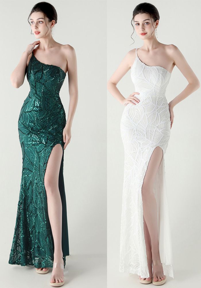 Robe de Soirée Formelle à Épaule Unique pour Femmes avec Perles et Sequins Géométriques