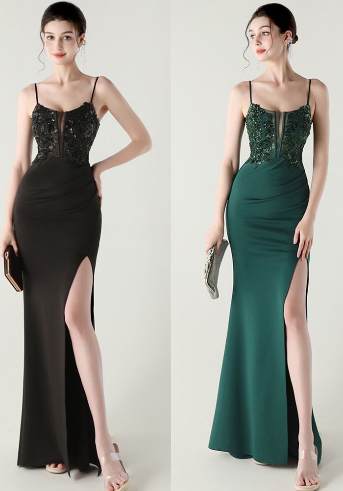 Robe de Soirée Formelle à Lacets en Dentelle avec Broderie et Sequins pour Femmes