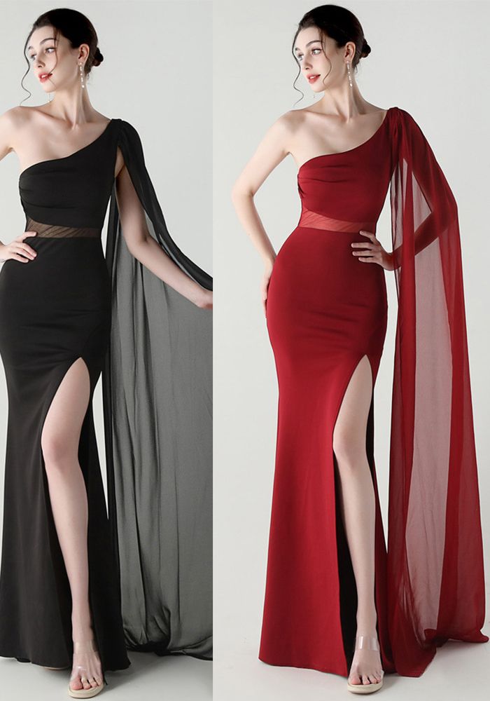 Robe de Soirée Formelle Femme à Épaule Unique avec Dos Incliné en Patchwork en Maille