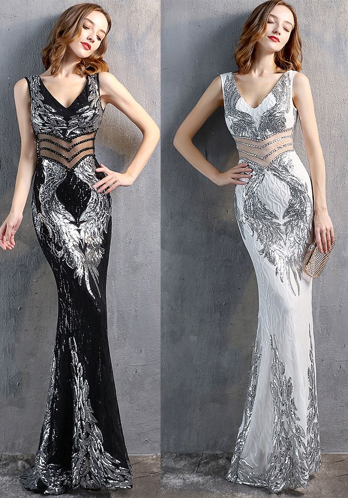 Robe de Soirée Femme Fendue à Paillettes et Fleurs