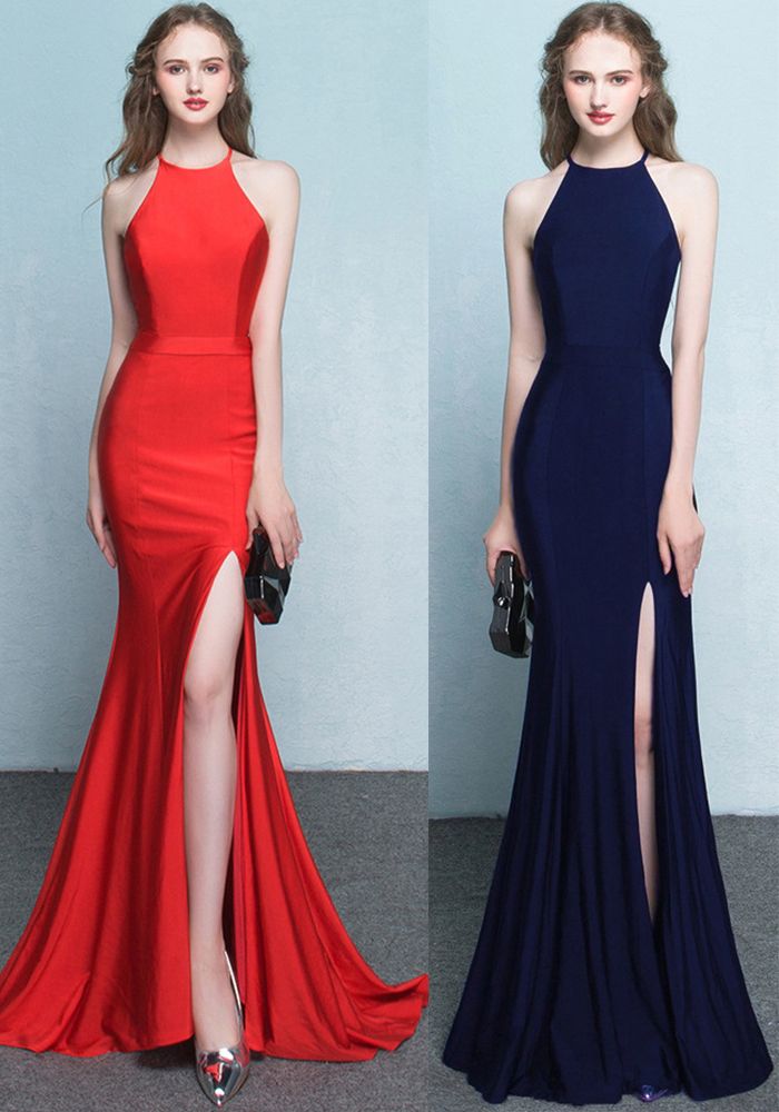 Robe de soirée sirène à décolleté halter uni