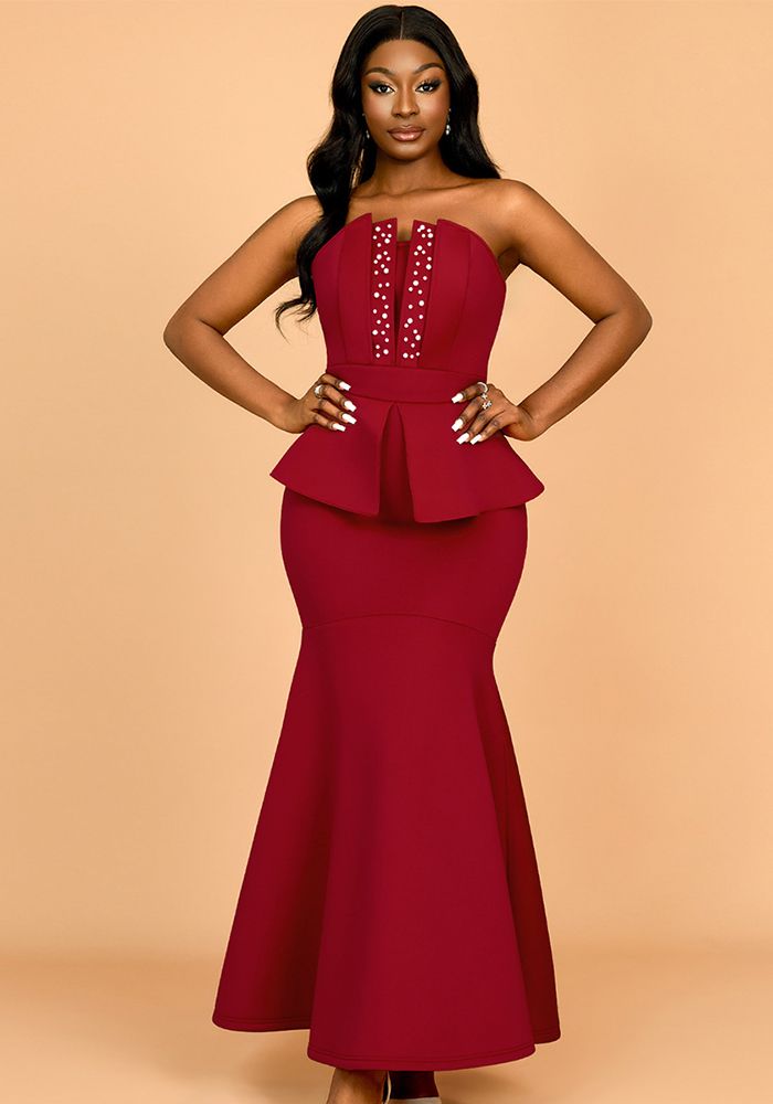 Robe de Soirée Longue Slim Sans Bretelles à Volants et Perles