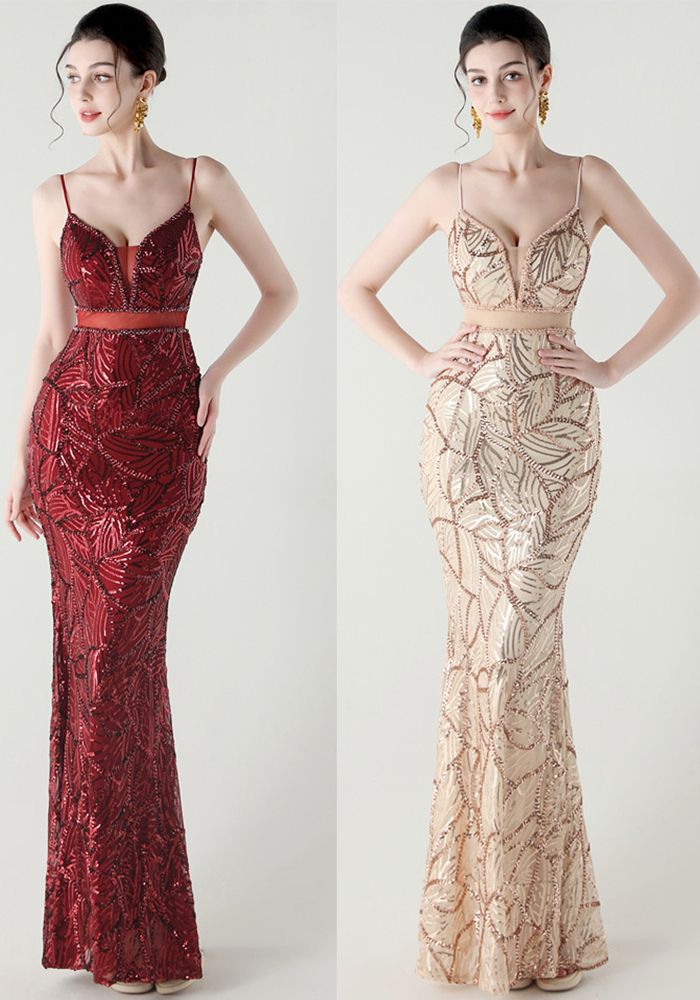 Robe de soirée en sequins avec dos en maille transparente et lacets croisés pour femmes