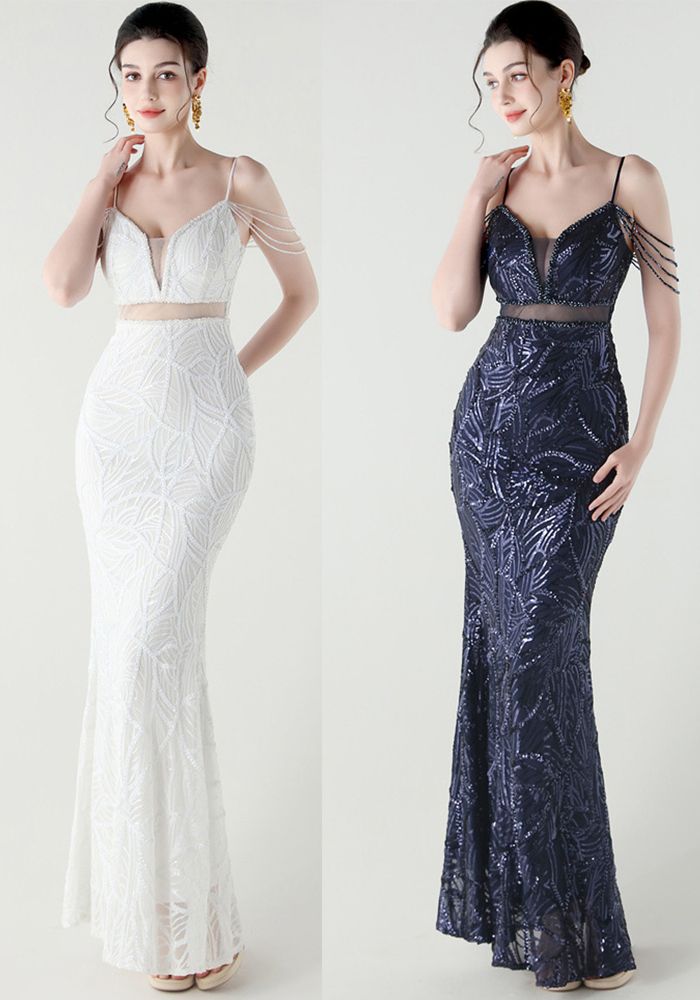 Robe de soirée formelle à décolleté en V et lacets pour femmes avec perles