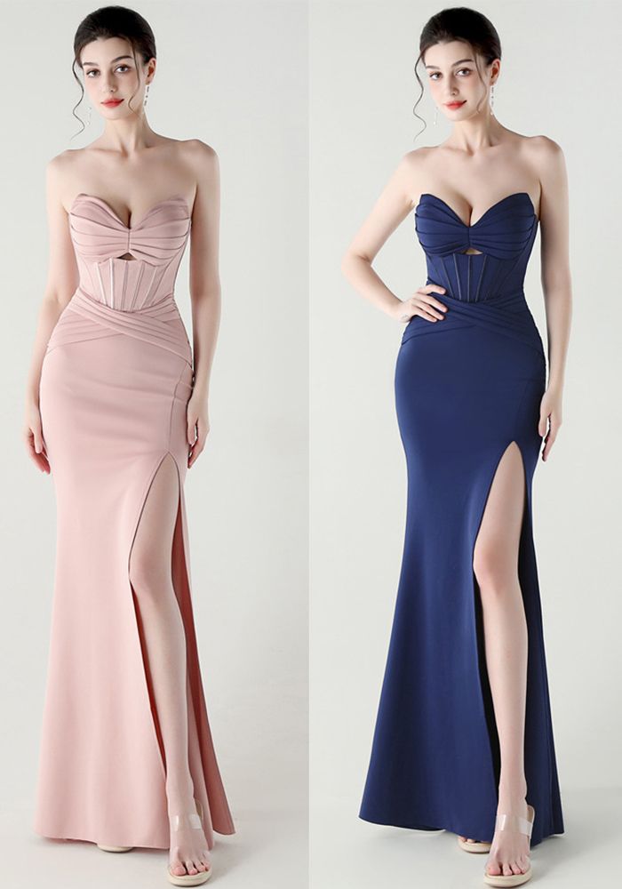 Robe de soirée formelle sans bretelles en chevron pour femmes avec décolleté en cœur et lacets