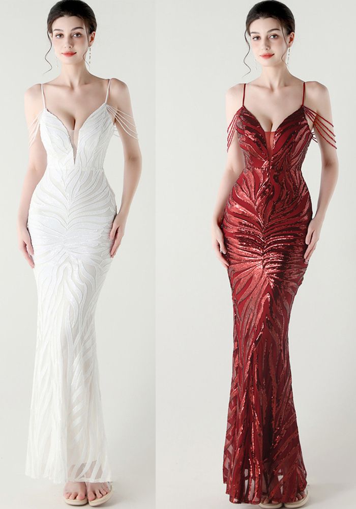 Robe de soirée formelle à décolleté plongeant et bretelles perlées pour femmes