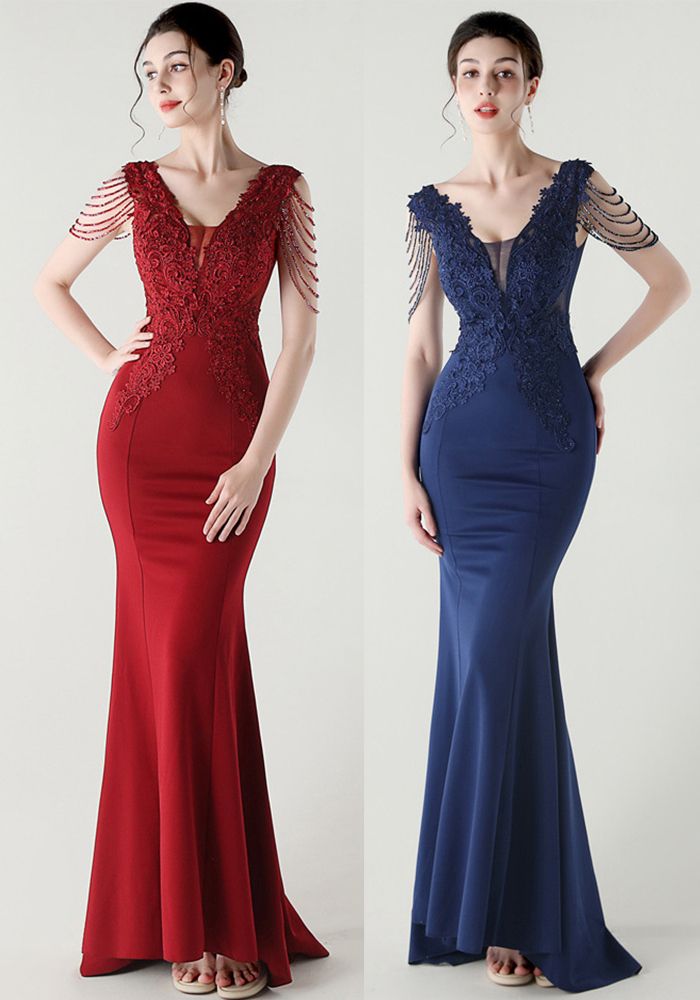 Robe de soirée formelle à lacets pour femmes ornée de perles