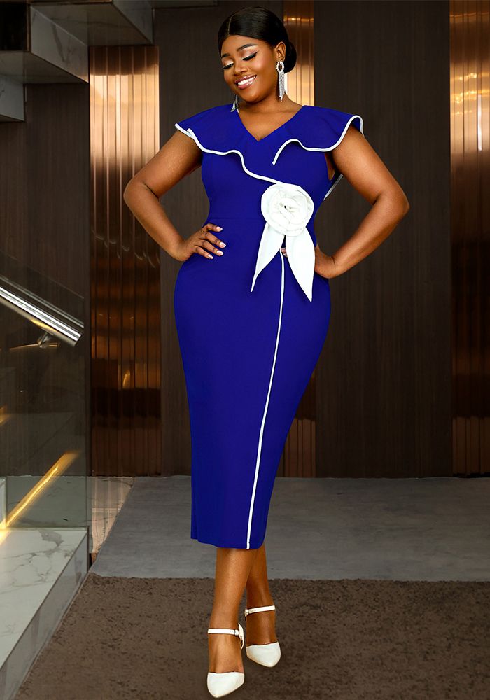 Robe de Soirée Élégante Chic à Manches Volantes en Fleurs Contrastées Grande Taille