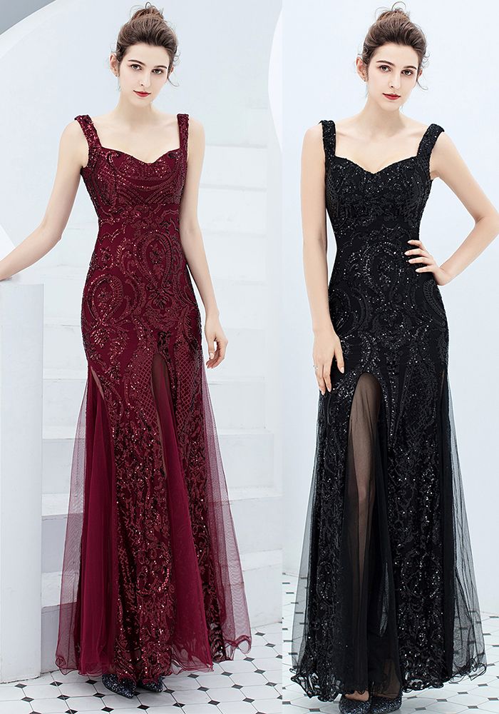 Robe de Soirée Longue Fishtail Épousée à Bretelles en Sequins Rouges