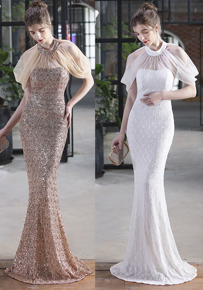 Robe de Mariée Longue à Fishtail en Maille à Paillettes et Col Halter