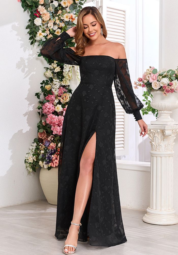 Robe de soirée noire en chiffon brodée à manches longues et décolleté épaule dénudée