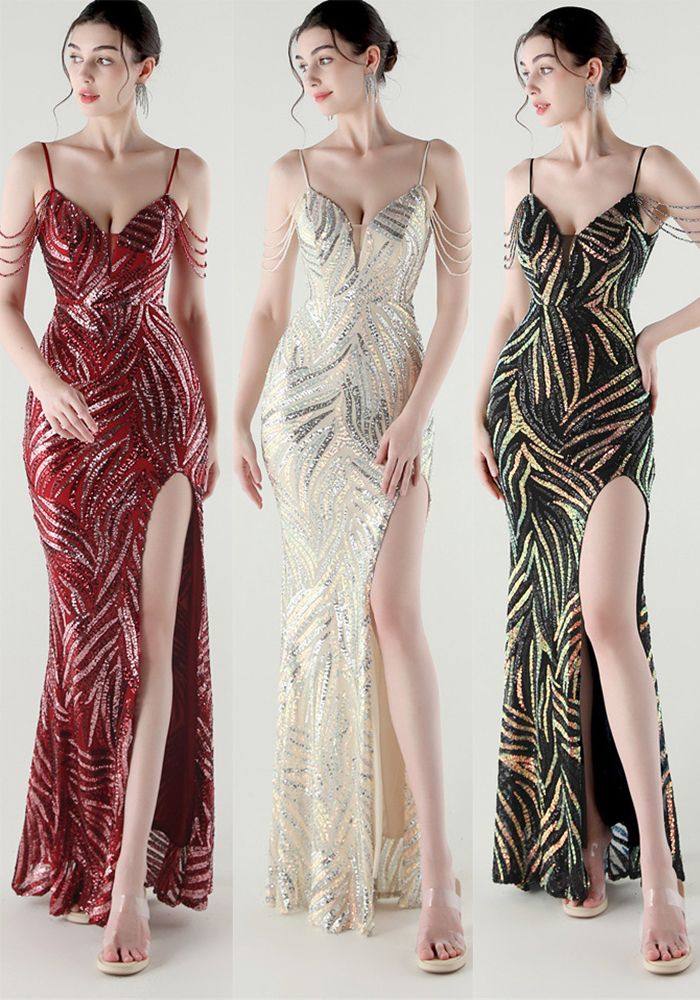 Robe de Soirée Élegante à Bretelles en V Profond et Sequins