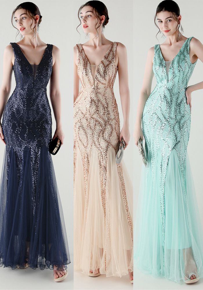 Robe de Soirée Fishtail en Tulle à Paillettes et Décolleté en V Profond pour Occasions Formelles