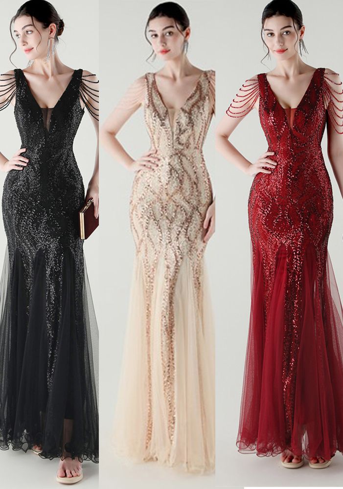 Robe de Soirée Fishtail Slim en Maille à Sequins Dos Nu Printemps Été