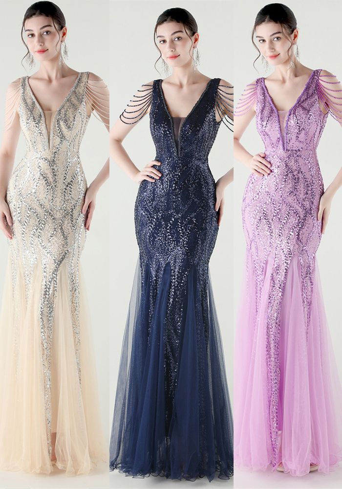 Robe de Soirée Luxe Slim à Sequins en Maille Off-Shoulder à Col V
