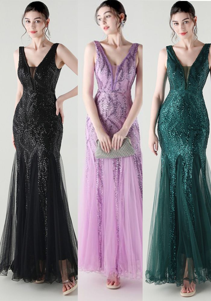 Robe de Soirée Formelle en Maille à Sequins avec Fente Profonde
