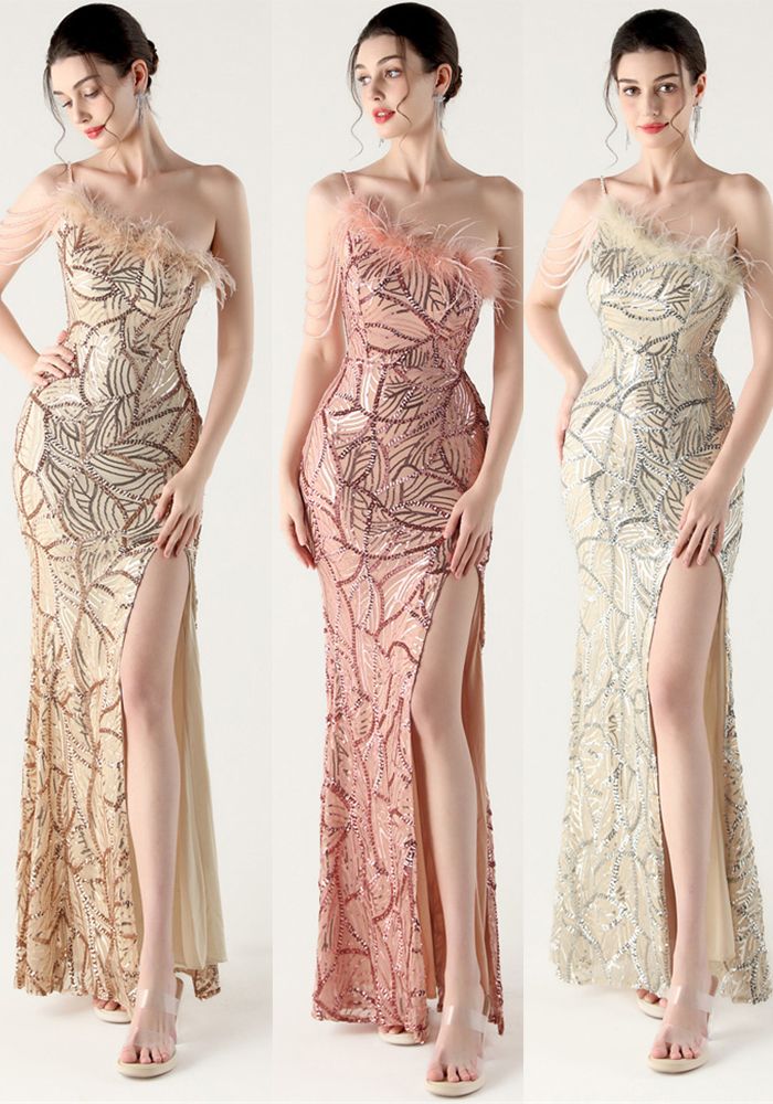 Robe de Soirée Slim à Une Épaule en Sequins et Plumes avec Dos Nu