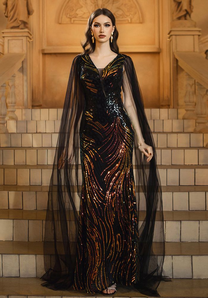Robe de Soirée Formelle à Manches Longues Slim Taille V en Luxe pour Femmes