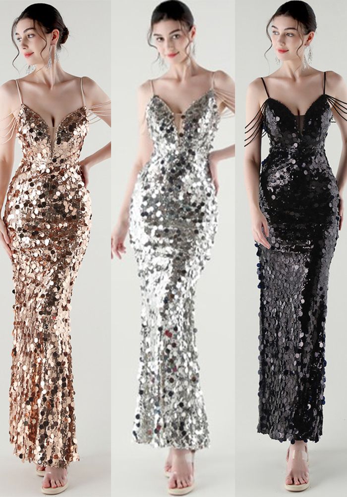 Robe de soirée à dos nu en V profond avec sequins et franges pour dîners d'été