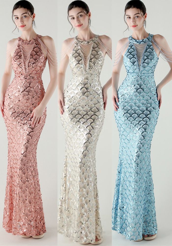 Robe de Soirée Élegante Décorée de Chaînes en Queue de Poisson avec Sequins pour Cérémonies Officielles