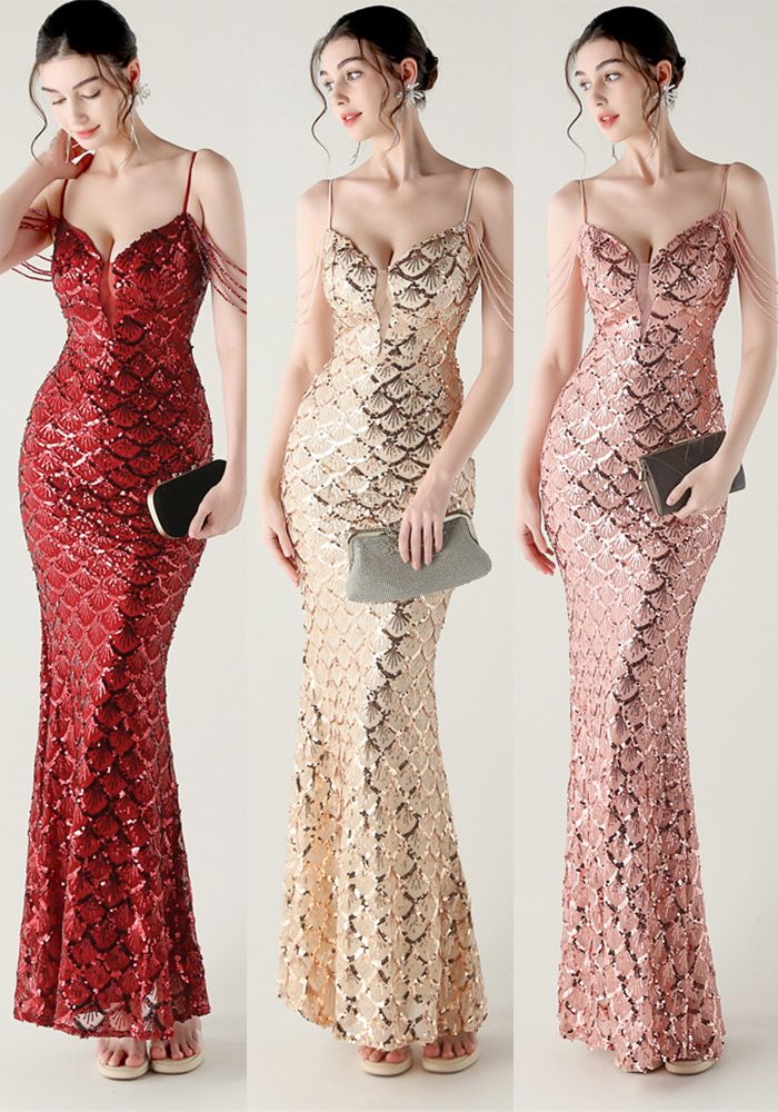 Robe de Soirée Fishtail à Sequin avec Bretelles en V Profond pour Occasions Formelles