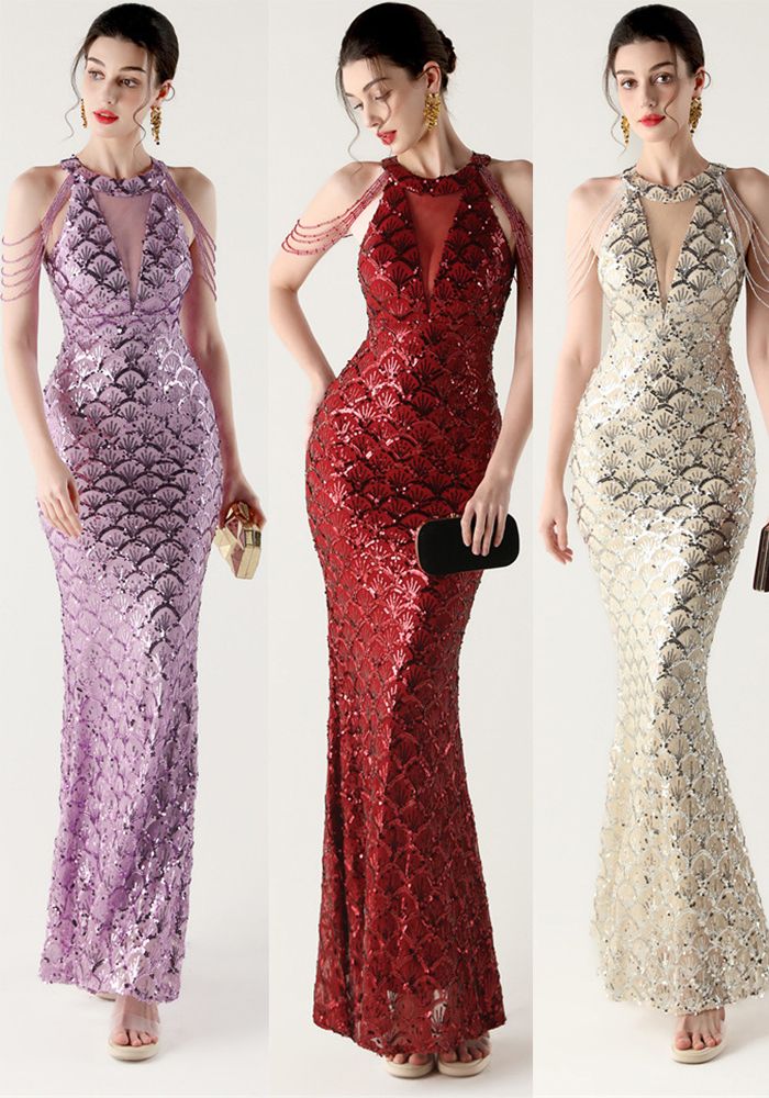 Robe de Soirée Fishtail à Paillettes Col Halter Off-Shoulder