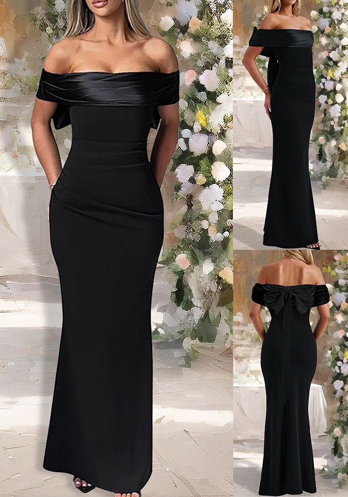 Robe Maxi Élégante Sans Épaules avec Nœud Papillon pour Femmes