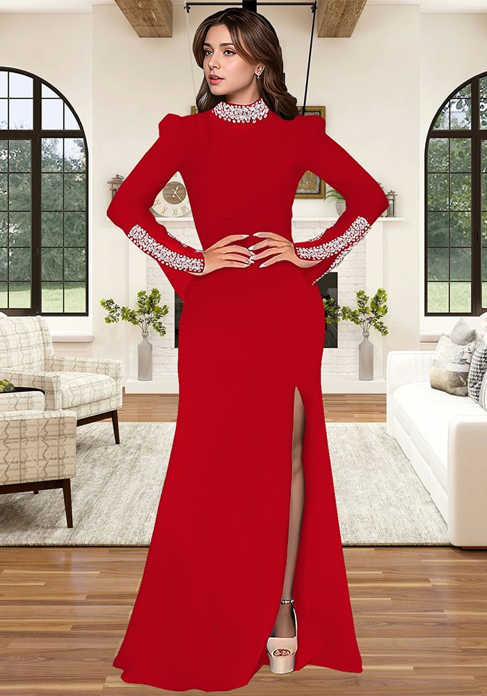 Robe à Manches Longues Unies avec Perles et Fente pour Femmes