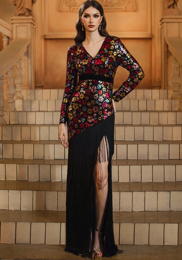 Robe de soirée à manches longues en V avec franges et sequins pour femmes