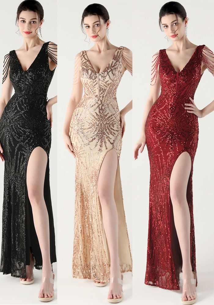 Robe de Soirée Femme en Dentelle à Lacets avec Décolleté en V et Fente